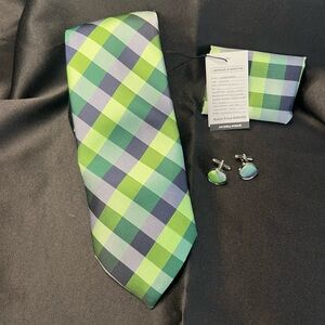 NWT- Silk Green & Navy Plaid Tie with Matching Pocket Square and Cufflinks